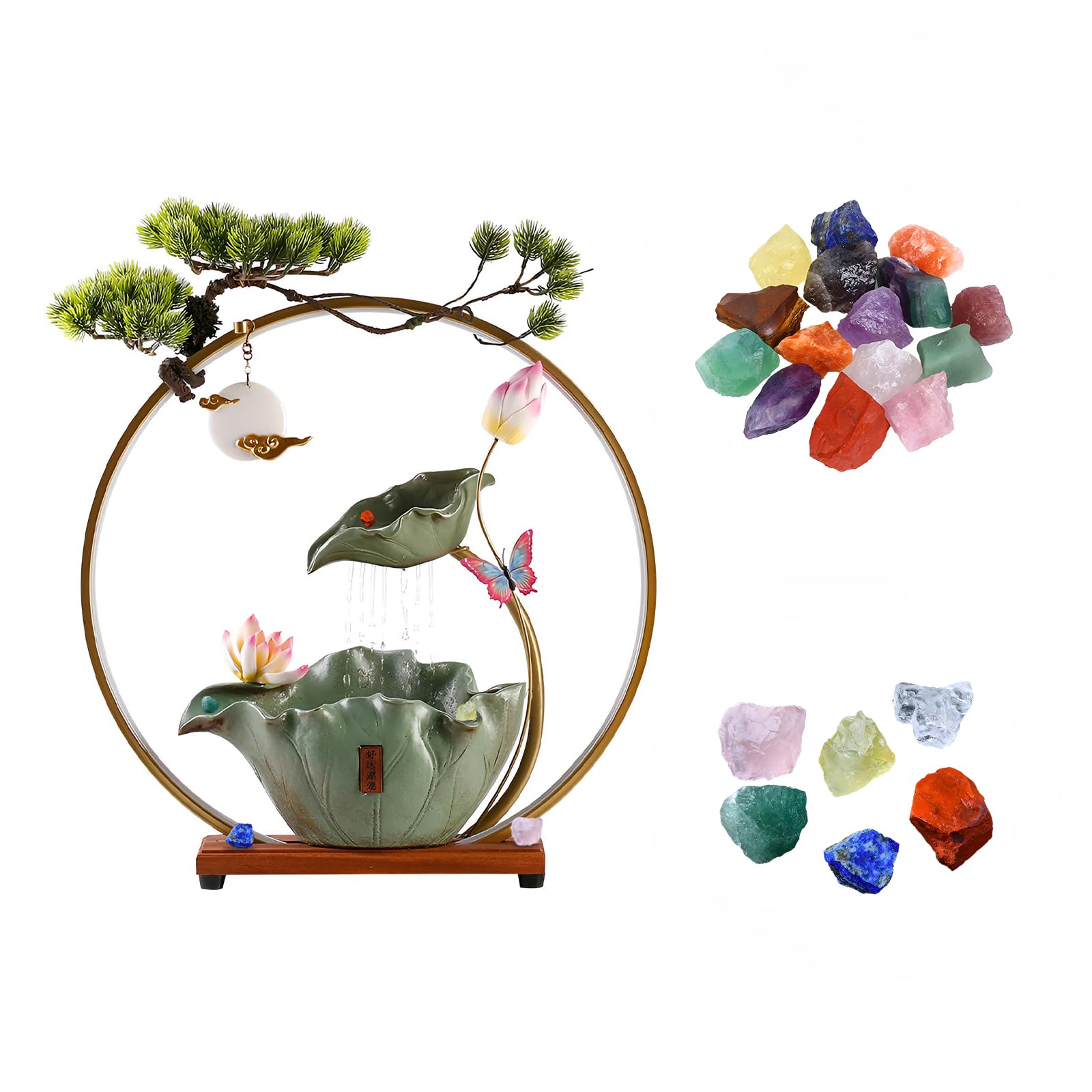 Fontanna stołowa do wnętrz, dekoracyjny wodospad, ceramiczna, motyw: lotos, ryba, z oświetlenie LED, aromaterapia, Feng Shui, Zen, do biura