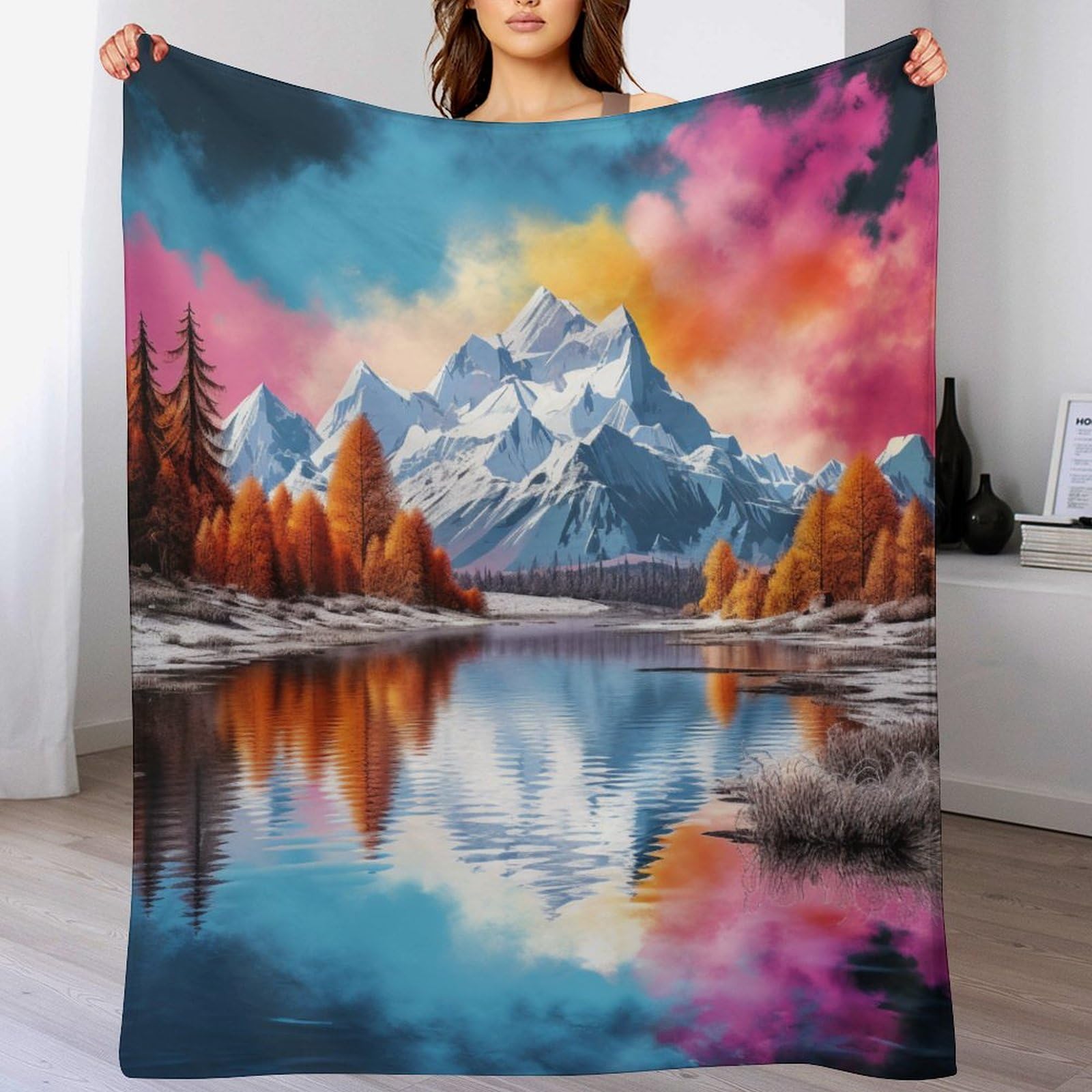 Couverture lacs and snowy mountains contre le froid : plaid flannel doux pour canapé-lit