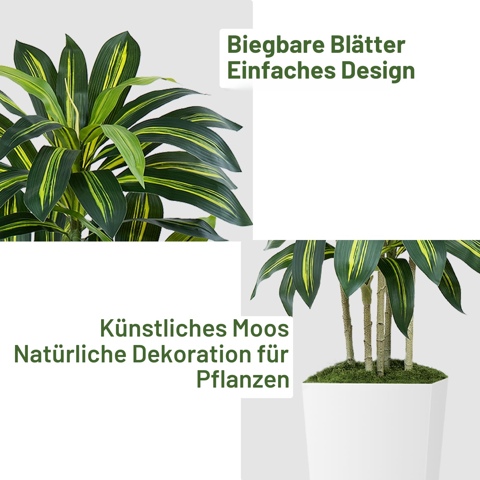 Kunstpflanze Dracaena Pflanze 180cm mit Weißem Pflanzgefäß, kunstpalme groß wie echt mit 108 Blätter, Kunstbaum für Innendekor Wohnzimmer Schlafzimmer Büro Garten Haus Decor