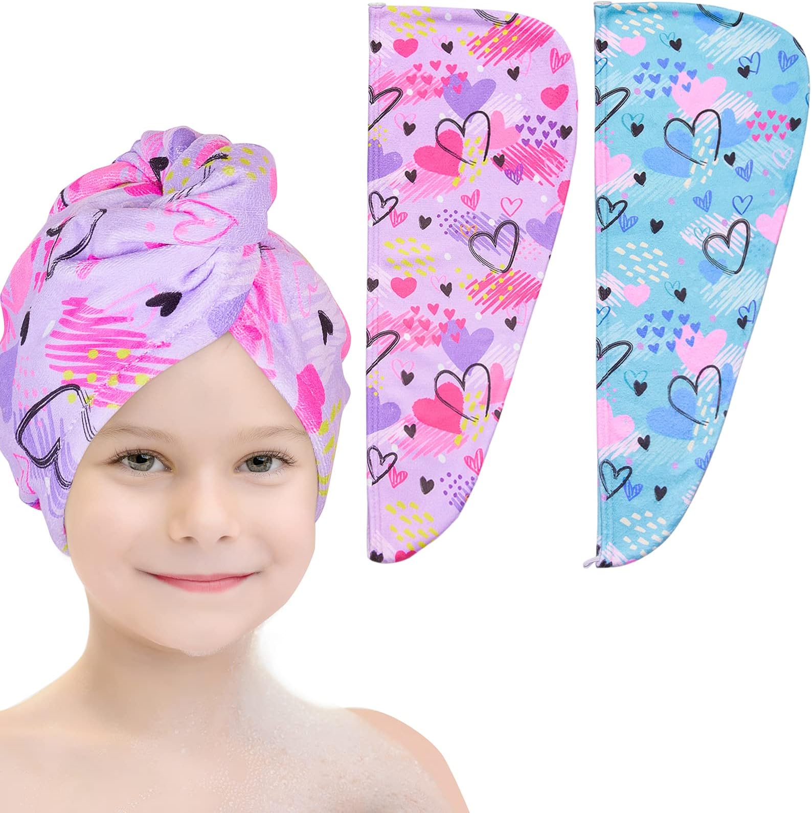 Basumee Microfiber Hair Towel Wrap for Kids 2 Pack Rapid Drying Hair Towel with Button Hair Turbans for Wet Hair Wraps Head Towel Wrap for Women and Girls, Blue and Purple Love