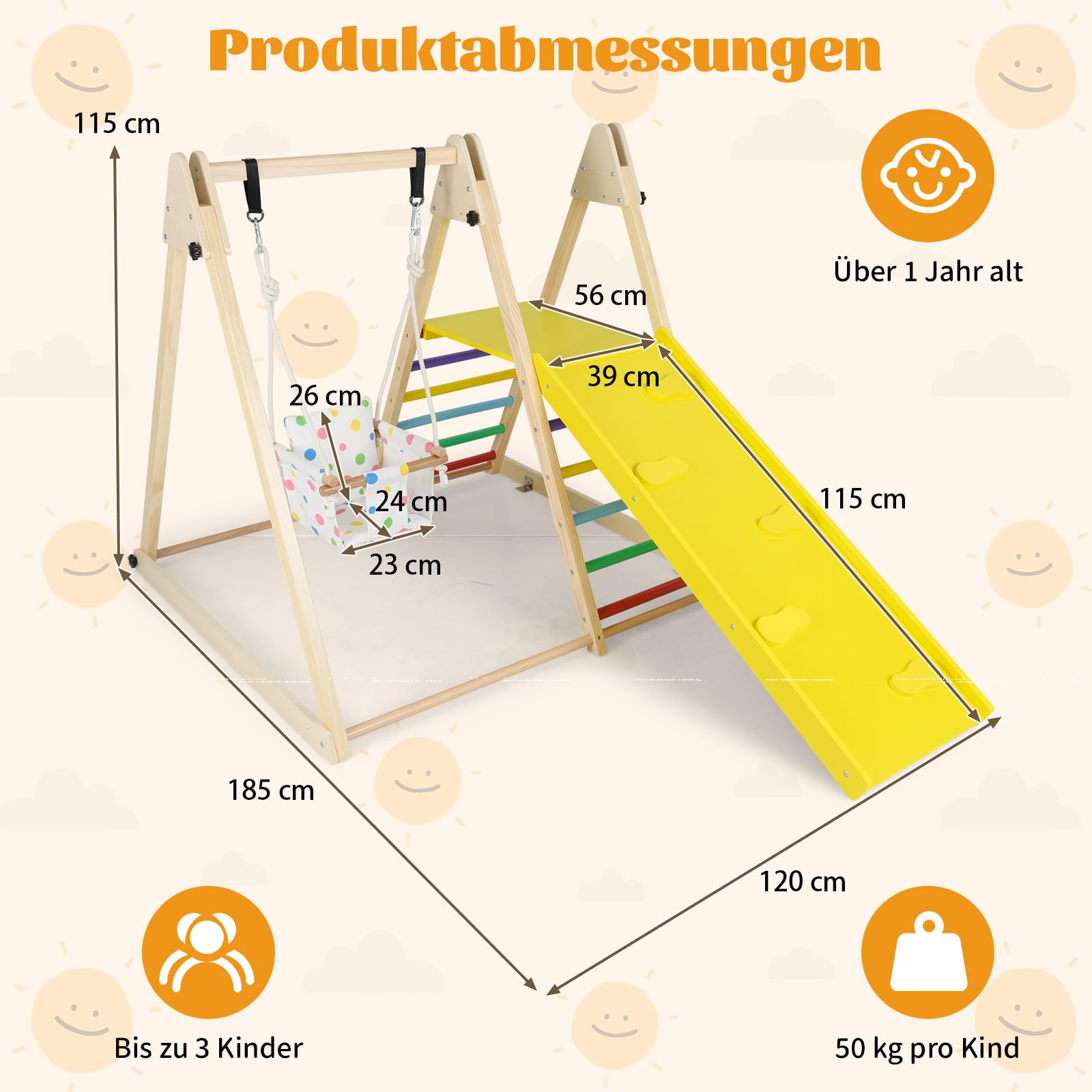 COSTWAY Klettergerüst Indoor, 4 in 1 Schaukel & Ruheplattform & Kletterrampe & Leiter, Kletterset zum Klettern & Rutschen, Kinder Spielplatz Holz, für Kinder ab 1 Jahr (Bunt)