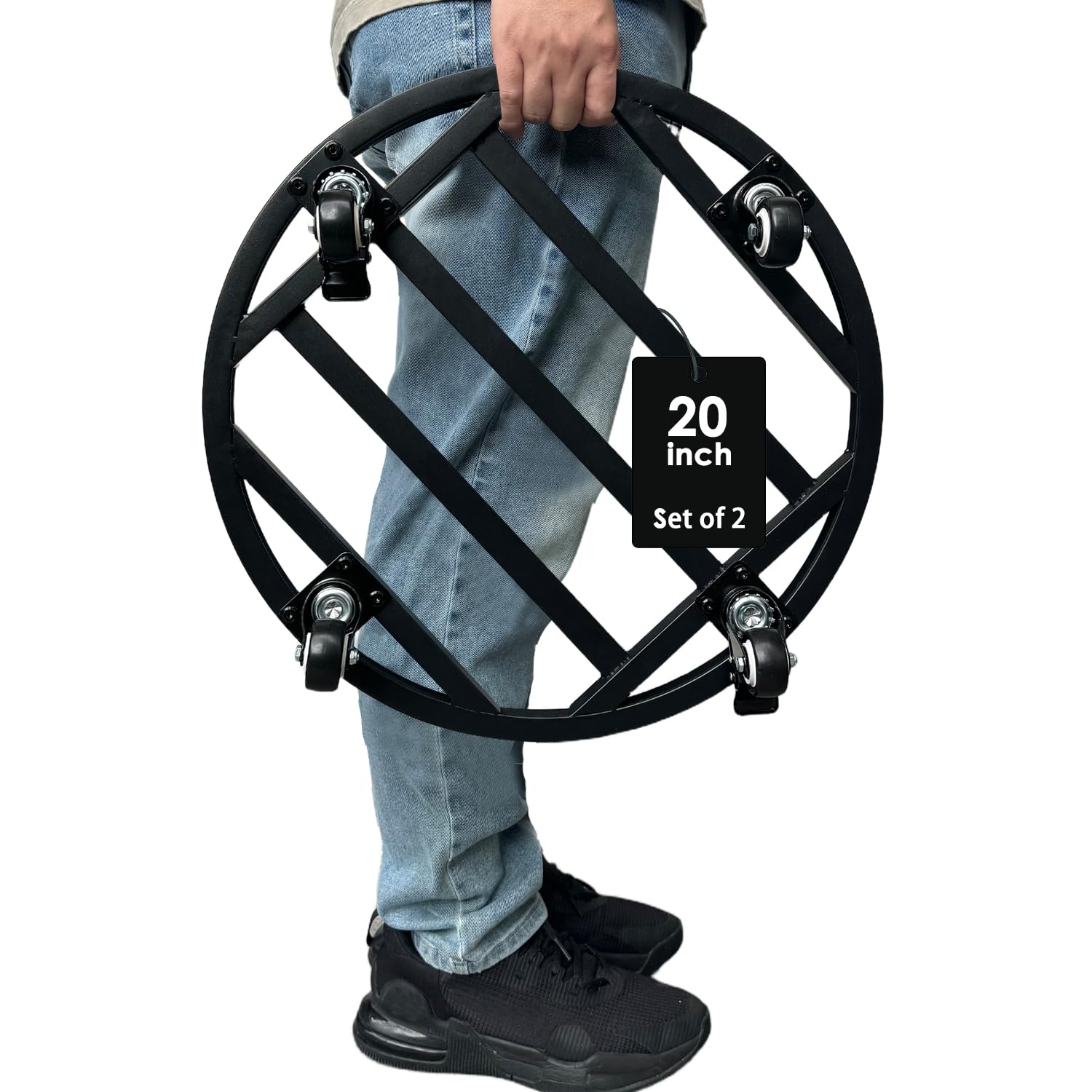 Hongsane 20" Round Plant Stand with Wheels Heavy Duty,Large Metal Plant Caddy Indoor Outdoor Use,Rolling Plant Dolly with Industrial Casters,Rust-Proof Black Plant Tray for Large Planters Pots,2-Pack