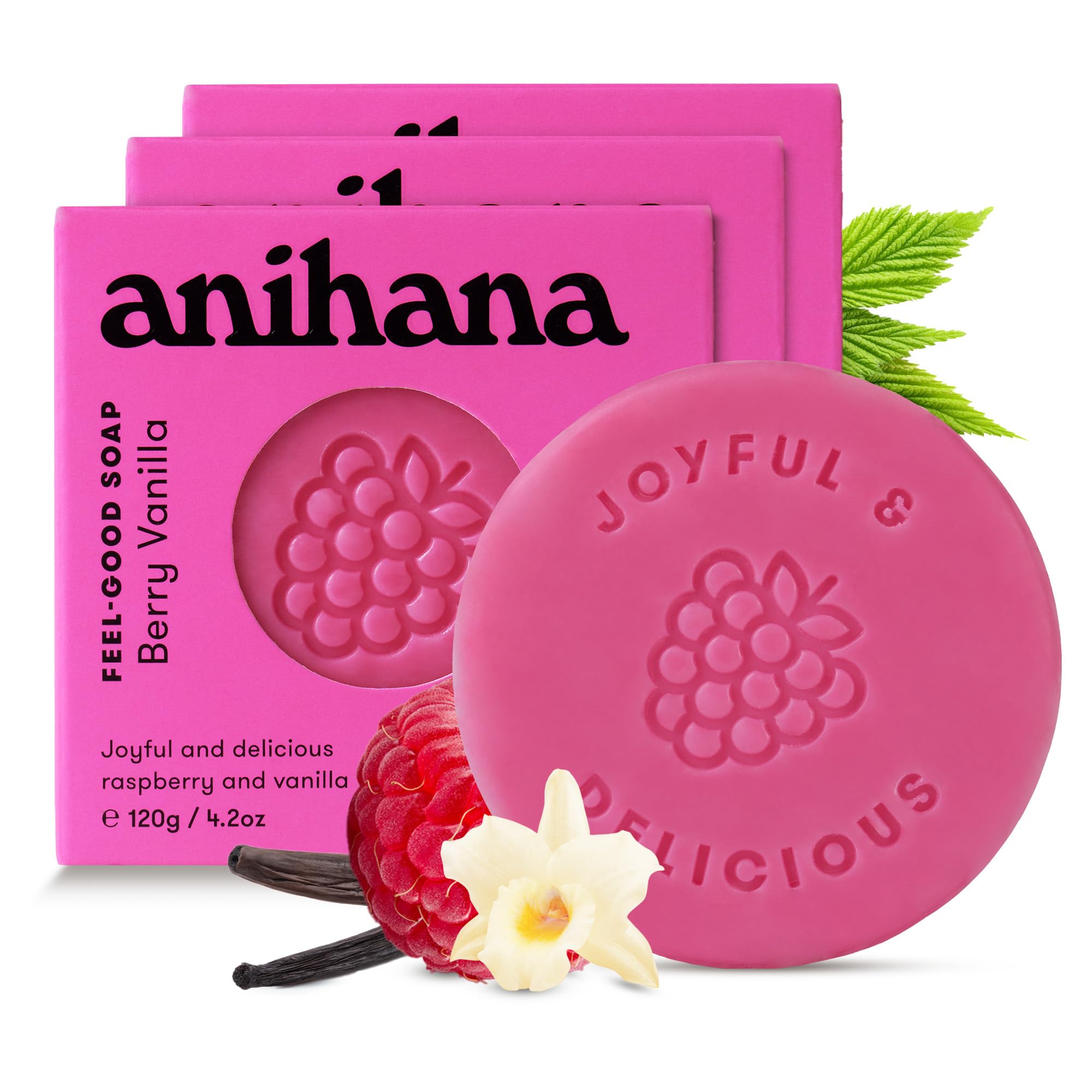 ANIHANA Feel-Good Soap 3 Pack with Coconut Oil and Shea Butter, Gentle Cleansing, Paraben Free, Cruelty Free, Refreshing Berry Vanilla Scent, 4.2 oz