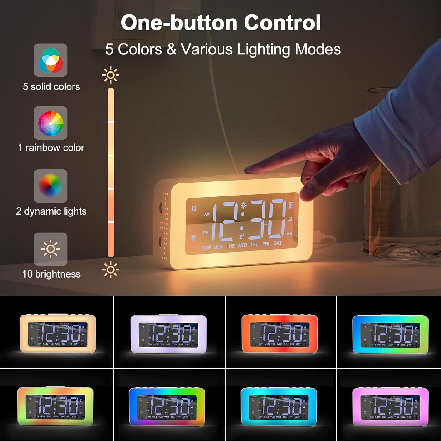 Alarm clock with various color options and brightness levels, controlled by a single button.