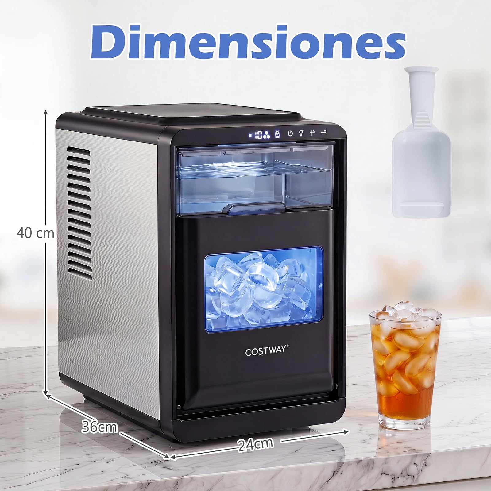 COSTWAY Máquina de Hielo de Sobremesa, 12 kg/Día, 16 Cubitos en 15 Minutos | Maquina de Hacer Hielo con Grosor Ajustable,Autolimpieza,Panel de Control, Pala y Cesta, Casa/Cocina/Oficina/Bar