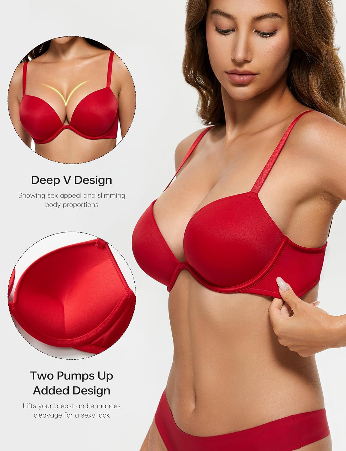 Wingslove Women's Push Up Bra Deep V Plunge Underwire T-Shirt Bra Multiway 2 Cups Up - Image 2