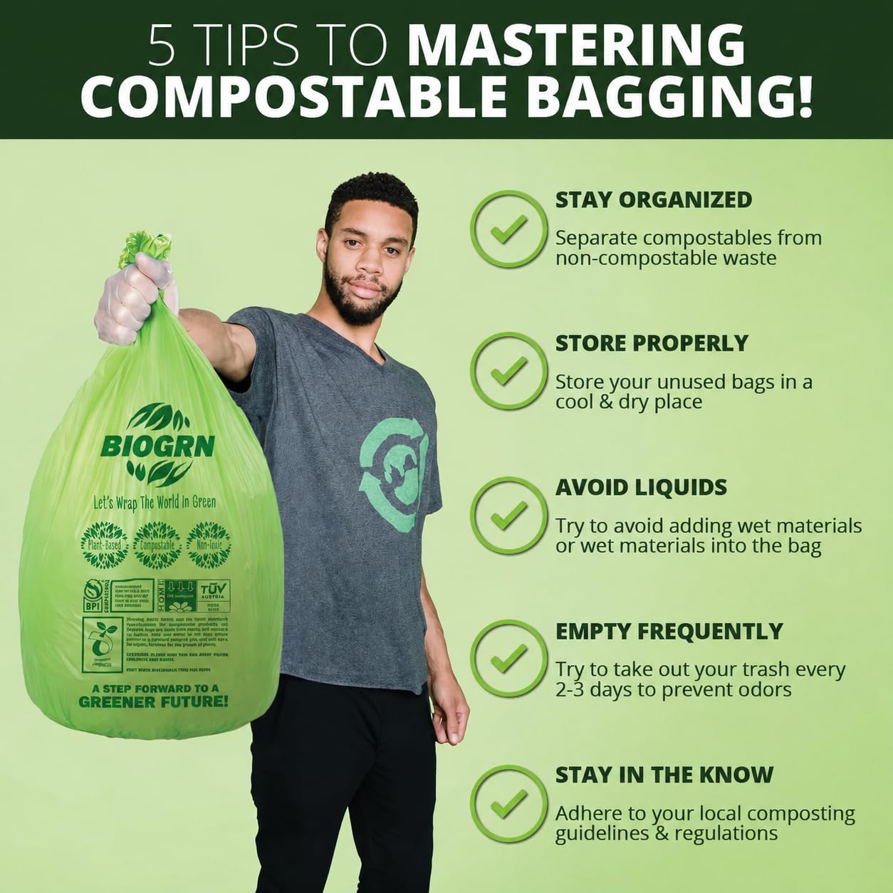 10-13 Gallon Compostable Trash Bags with Flat-Top 50 Bags Thick 0.87 Mil Leakproof Plant-based Tall Kitchen Wet Food Scrap Waste, ASTM D6400, US BPI and OK Compost Home Certified image 5