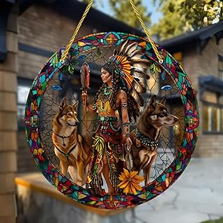 Colorful Acrylic Suncatcher, Native American Woman with Wolves 7-inch Hanging Window Decor with Printed Stained Glass Style Design Sun Catcher, Gift Idea & Garden Ornament Indoor Outdoor Use