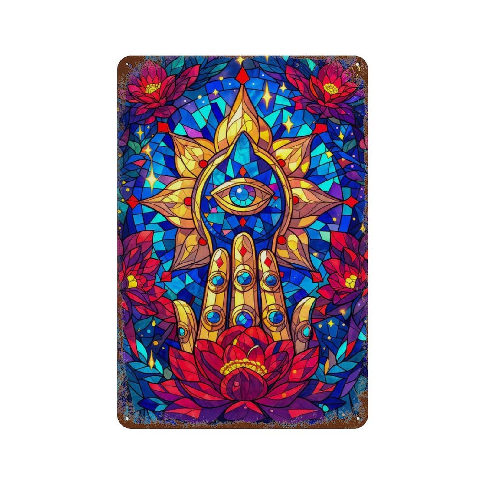 Mystic Mandala Hand 11.8"x7.9" Vintage Rust Metal Sign, Classic Wall Plaque for Office, Studio And Wall Decor