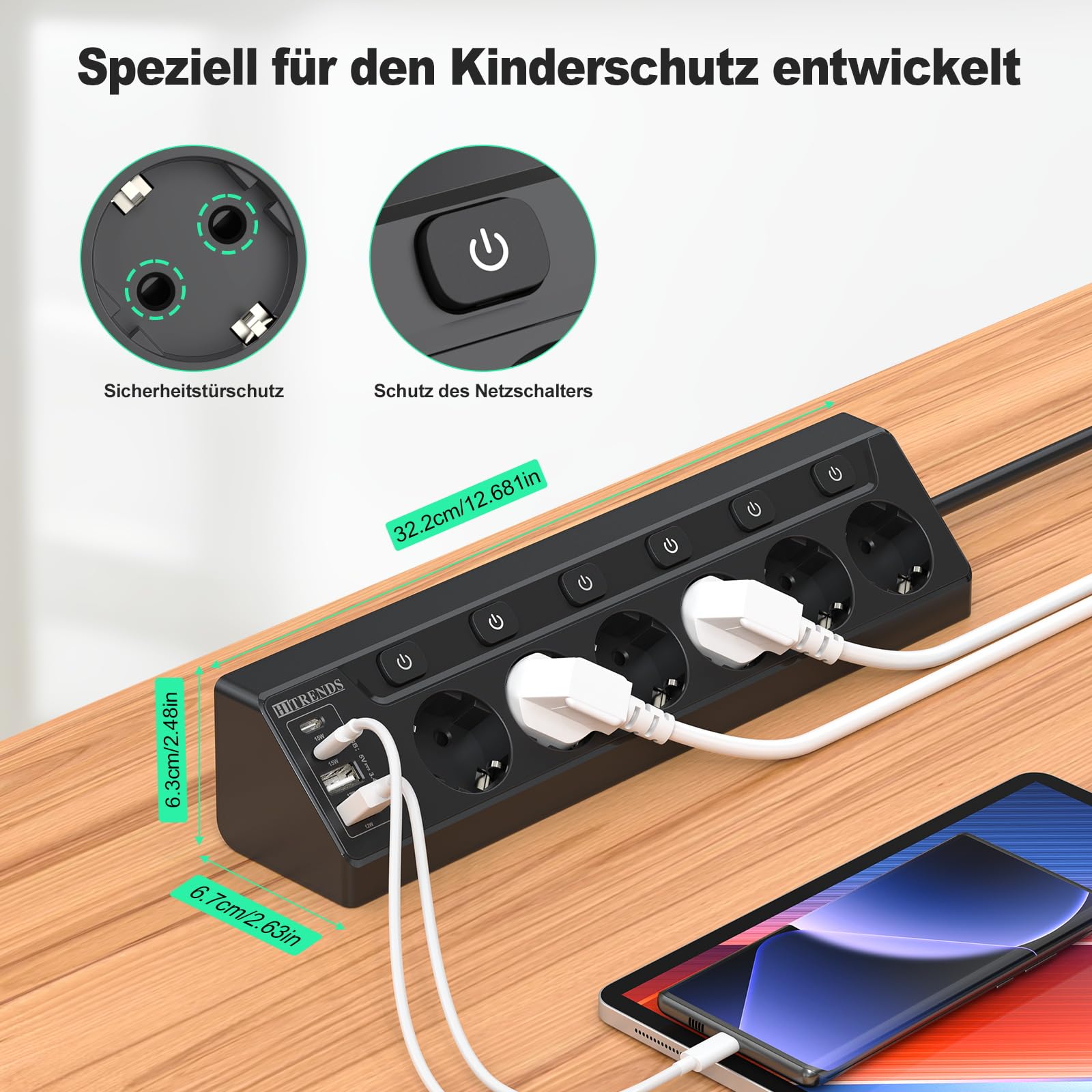 Listwa zasilająca z 2 gniazdami USB i 2 typami C, 6 gniazdek wielokrotnych z pojedynczym przełącznikiem, listwa zasilająca z przedłużaczem 2 m, do biurka, narożniki, kolor czarny
