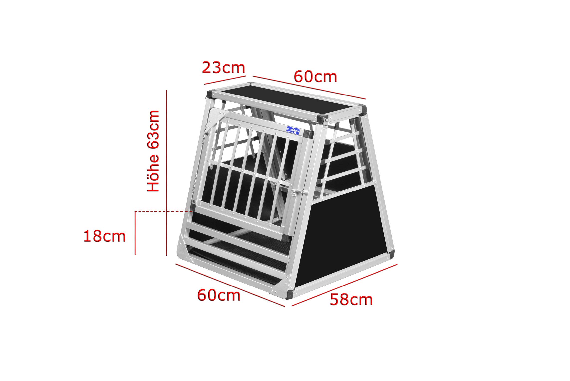 ALPUNA Transportbox N67 – Aluminium Hundebox 58×60×63 cm – Auto Hundebox mit Notausstieg, sicherer Hundetransport im Kofferraum mit Stoßstangenschutz