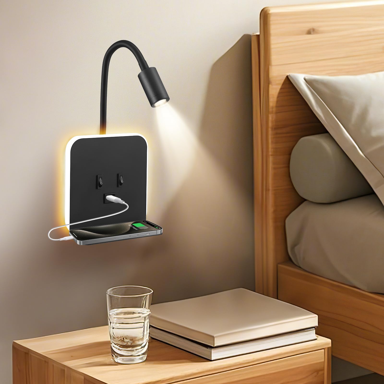 Lampada da Lettura LED 3W + 9W 3000K, Lampada da Parete con Porte USB e Vassoio per Telefono Faretto, faretto da Lettura a Muro Luce Ambientale Regolabile e Flessibile per Camera(Schwarz, 2 Stück)