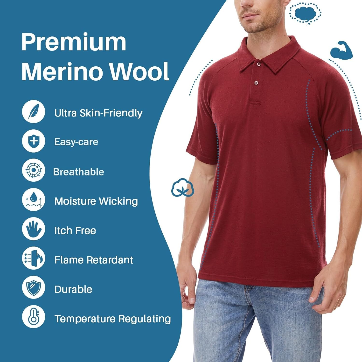 MERINNOVATION Merino Wool Polo Shirt Men - 100% Merino Wool Shirts for Men Anti-Odor Short Sleeve Wicking Base Layer Polo - Image 2