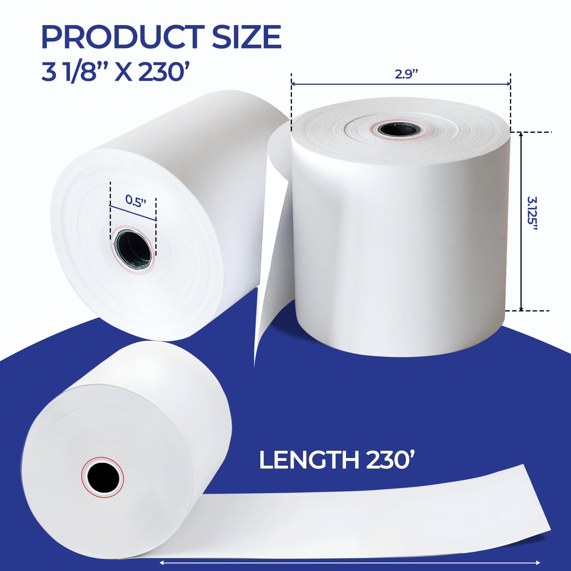 Rollos de papel térmico de 3-1/8 pulgadas x 230 pies, paquete de 32 papeles térmicos, papel de recibo para Clover Flex, EPSON, Square, Star Micronics, TMH, TMU TSP100 y más
