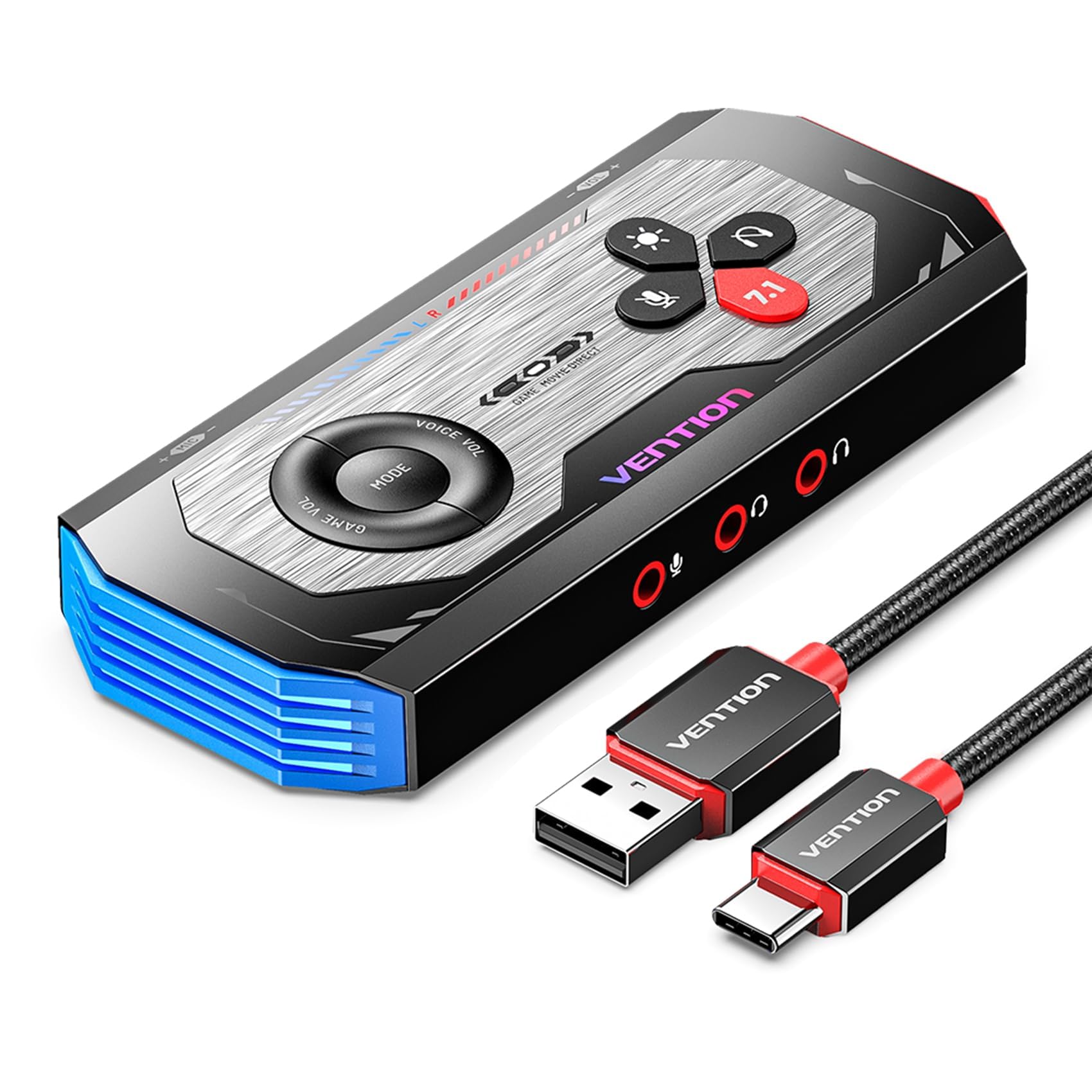 VENTION 7.1 Karta dźwiękowa USB do gier, 7.1, wirtualny dźwięk przestrzenny, 24 bit/192 kHz, system światła RGB, wzmacniacz audio, kompatybilny z PS5, PS4, Xbox One, Nintendo