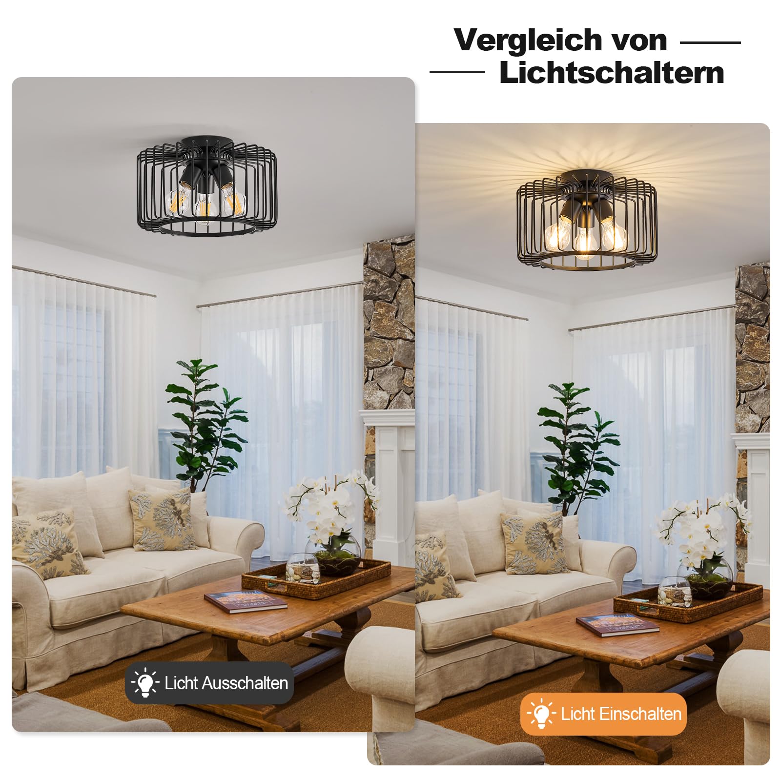 Qamra Industrielle Deckenlampe, Schwarz, 3-flammige Metall Deckenleuchte