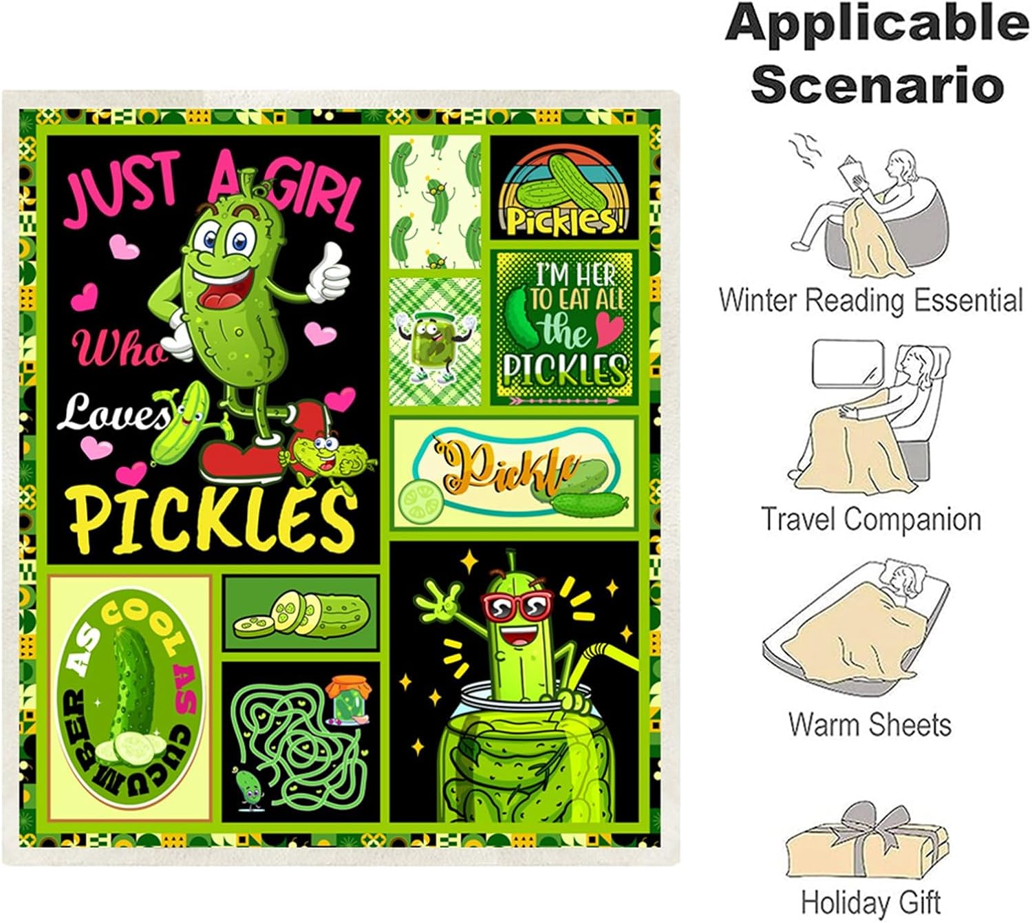 Pickle Throw Blanket for Teen Girls and Women, Funny Just A Girl Who Loves Pickles Fuzzy Sherpa Fleece Plush Blanket for Couch Bed and Sofa, Novelty Food Themed Gag Gift, 50"x60"