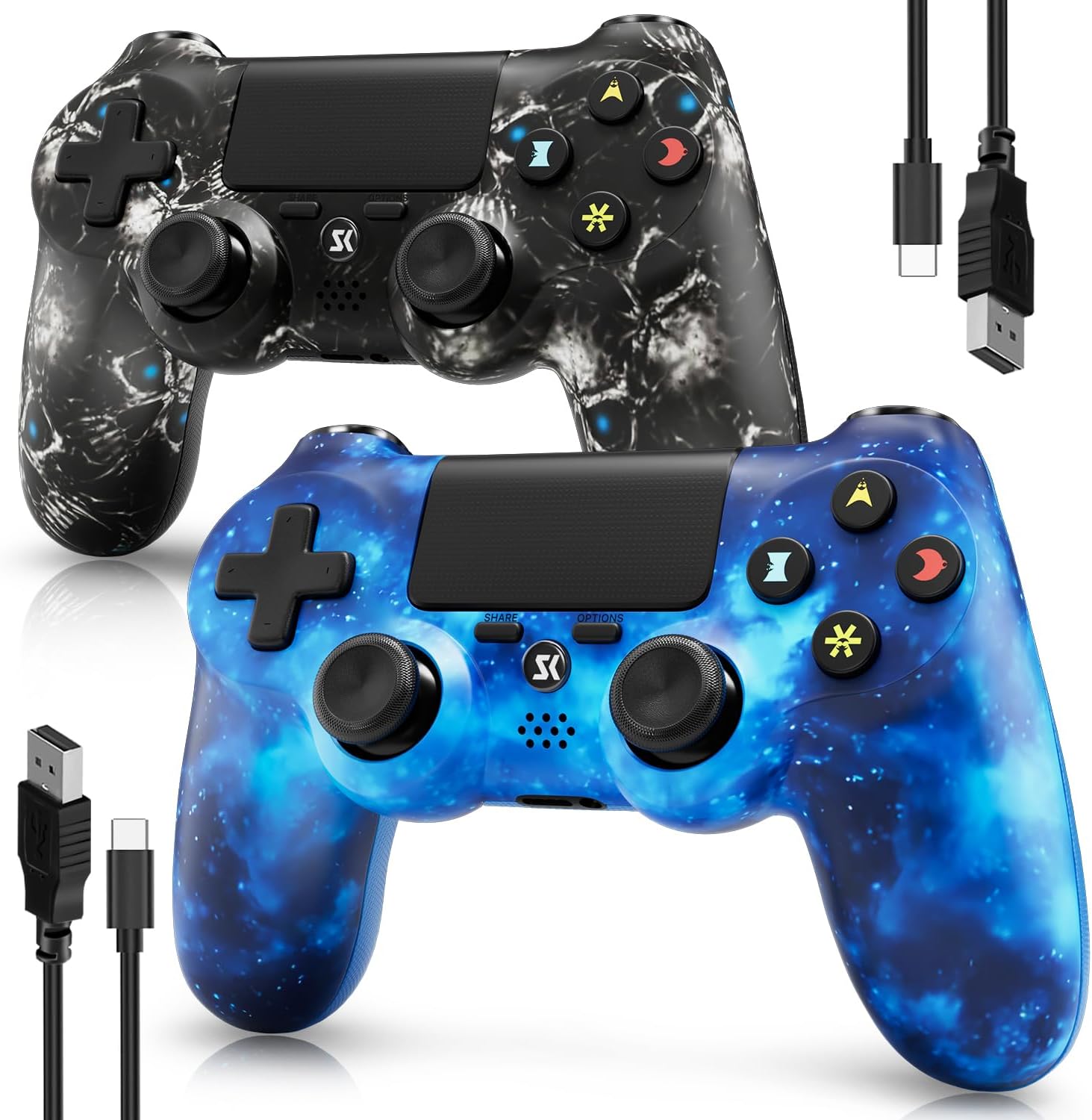 Controller for PS4, Wireless Controller 2 Pack for Sony PlayStation 4/Slim/Pro, with 6-Axis Motion Sensor/Double Vibration/Touch Pad/Speaker & 3.5mm Audio Jack/800mAh Battery/USB-C Cable, Blue + Black