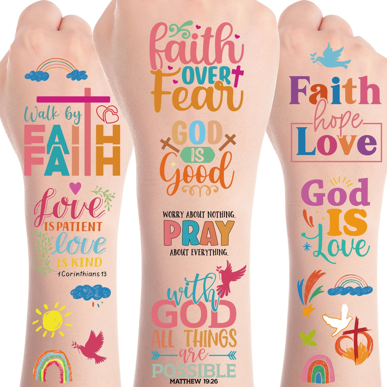 Papiailove Christian Bible Temporary Tattoos - 8 Sheets Bible Verse Tattoo Stickers for Kids, God Bless Cross Waterproof Birthday Party Favors