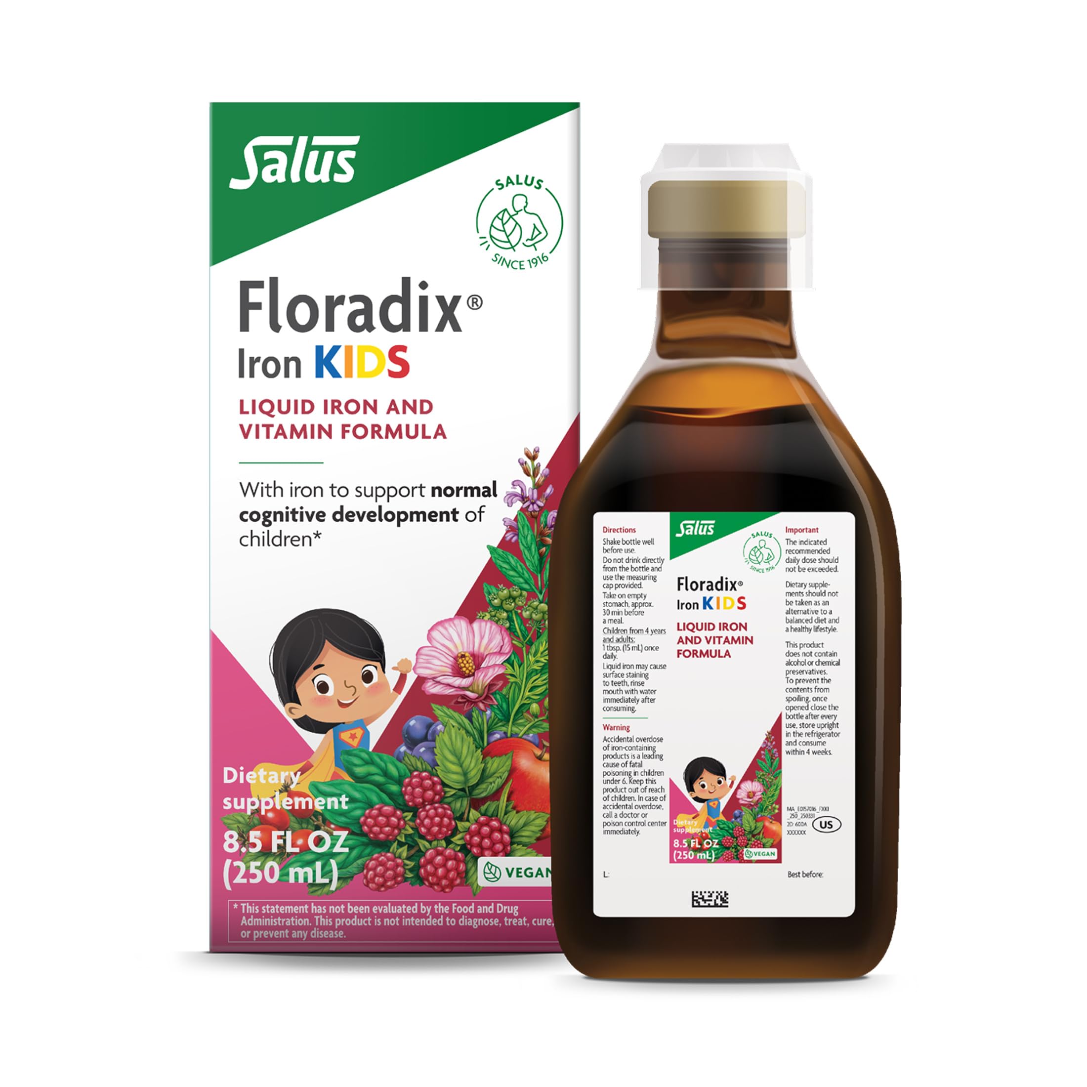 Floradix Iron Kids, Liquid Iron & Vitamin, Raspberry-Vanilla, 8.5 fl oz