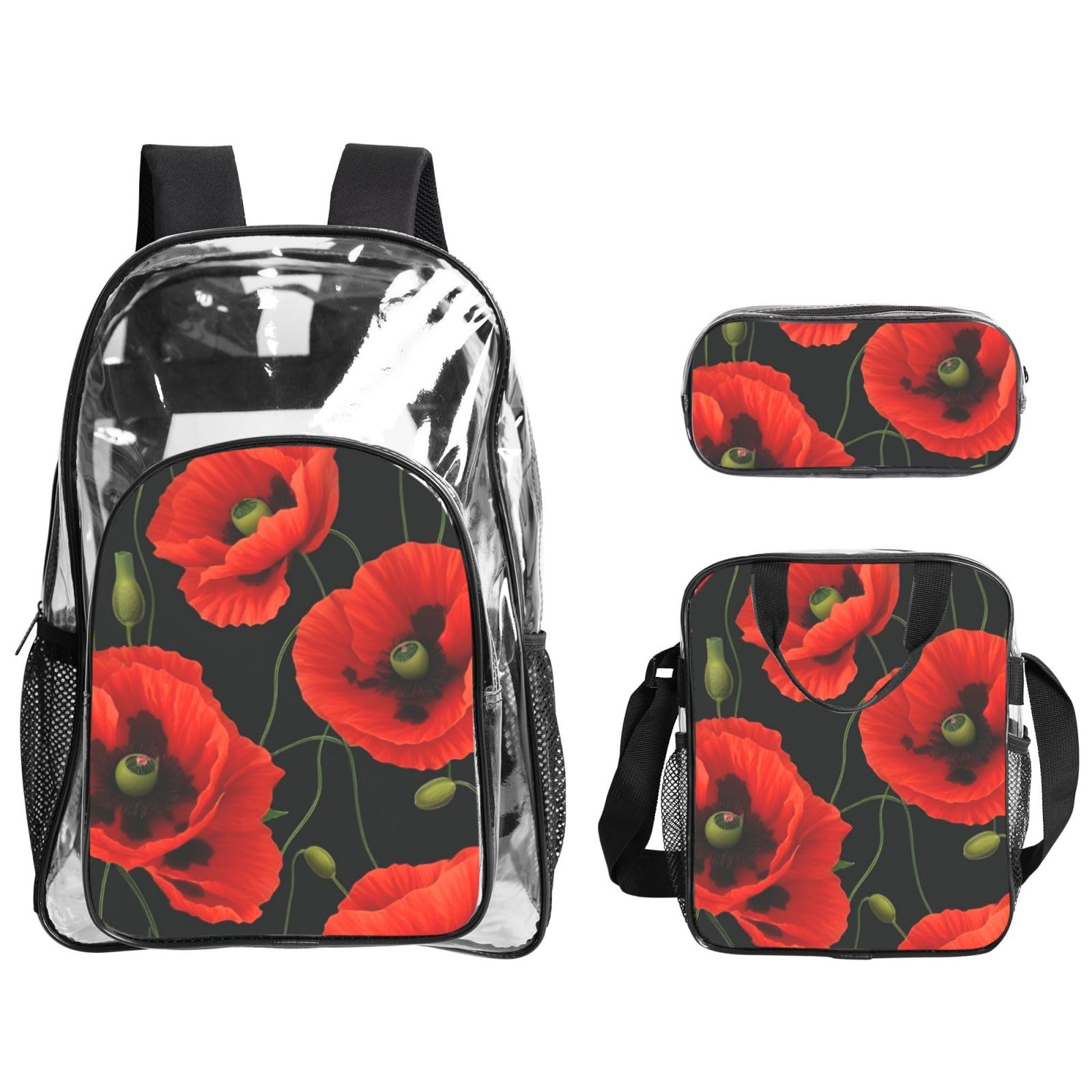 Ensemble de 3 sacs à dos transparents avec imprimé coquelicots pour l'école, les voyages, l'extérieur, sac à déjeuner transparent