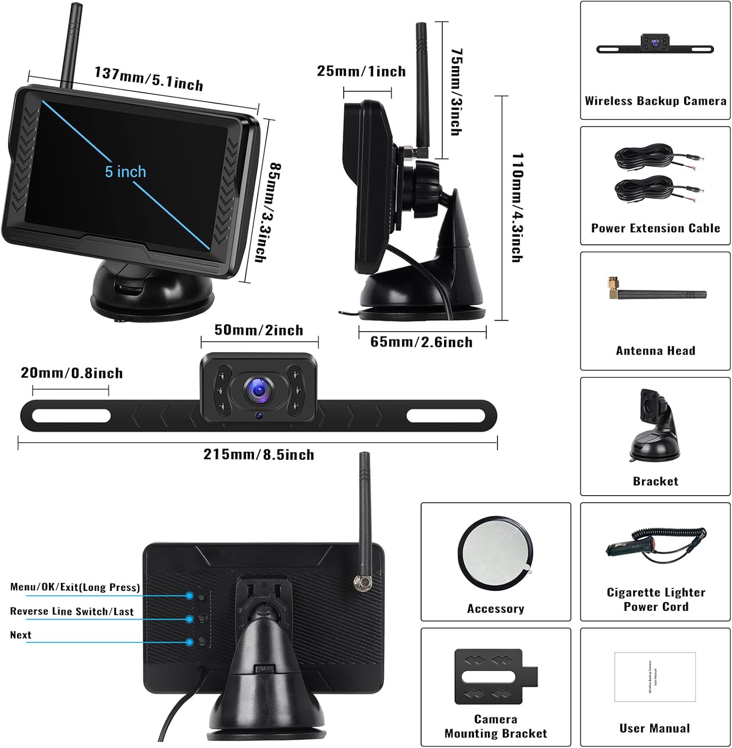 Wireless Backup Camera for Car with 5 inch Monitor Easy Setup IR Night Vision IP69 Waterproof License Plate Reverse Camera DIY Parking Lines Rear View Camera System for Car Truck SUV Pickup Van