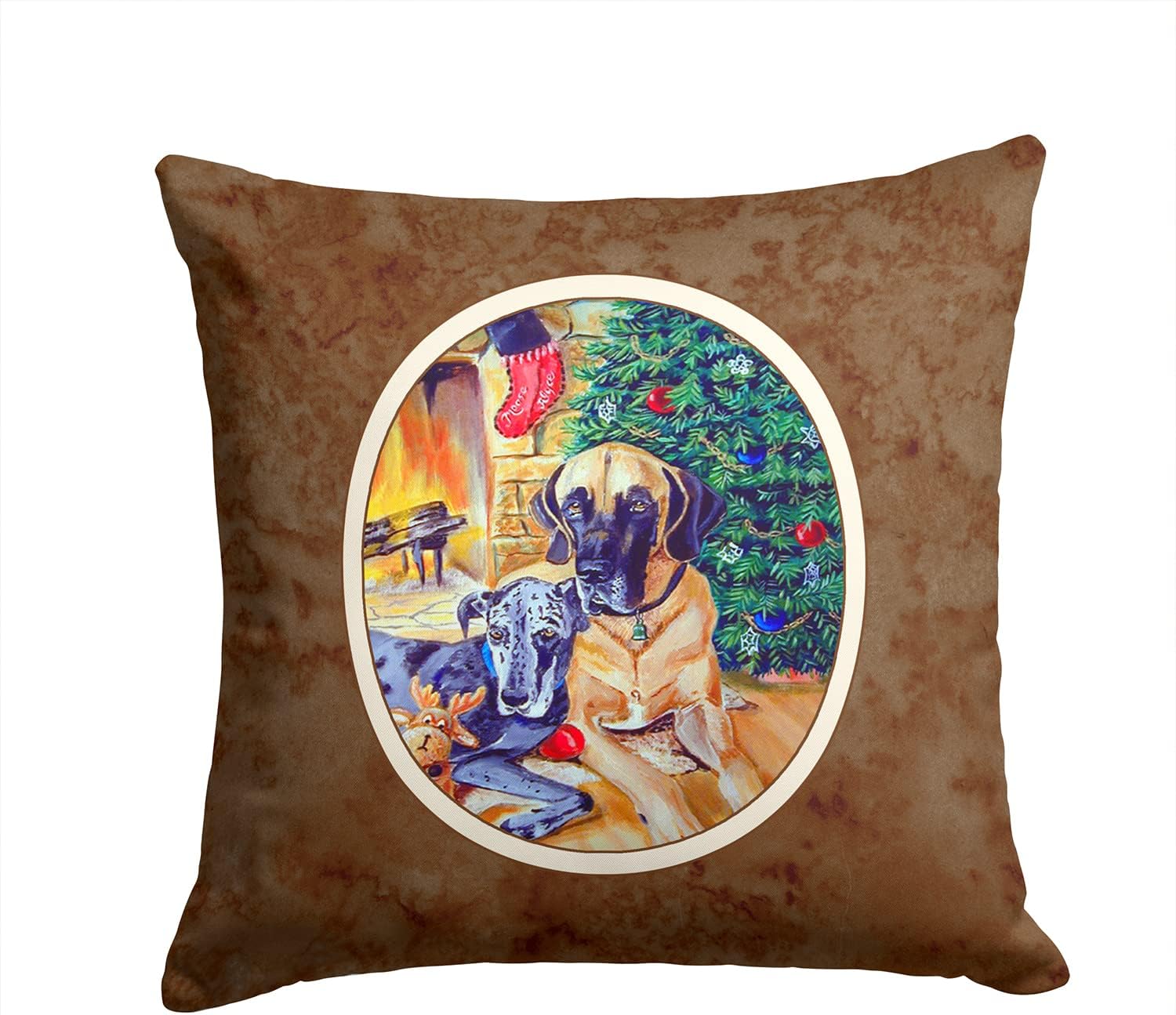 Caroline's Treasures 7111PW1414 Fawn and Blue Great Dane Waiting on Christmas Fabric Decorative Pillow Machine Washable, Indoor Outdoor Decorative Pillow for Couch, Bed or Patio, 14Hx14W