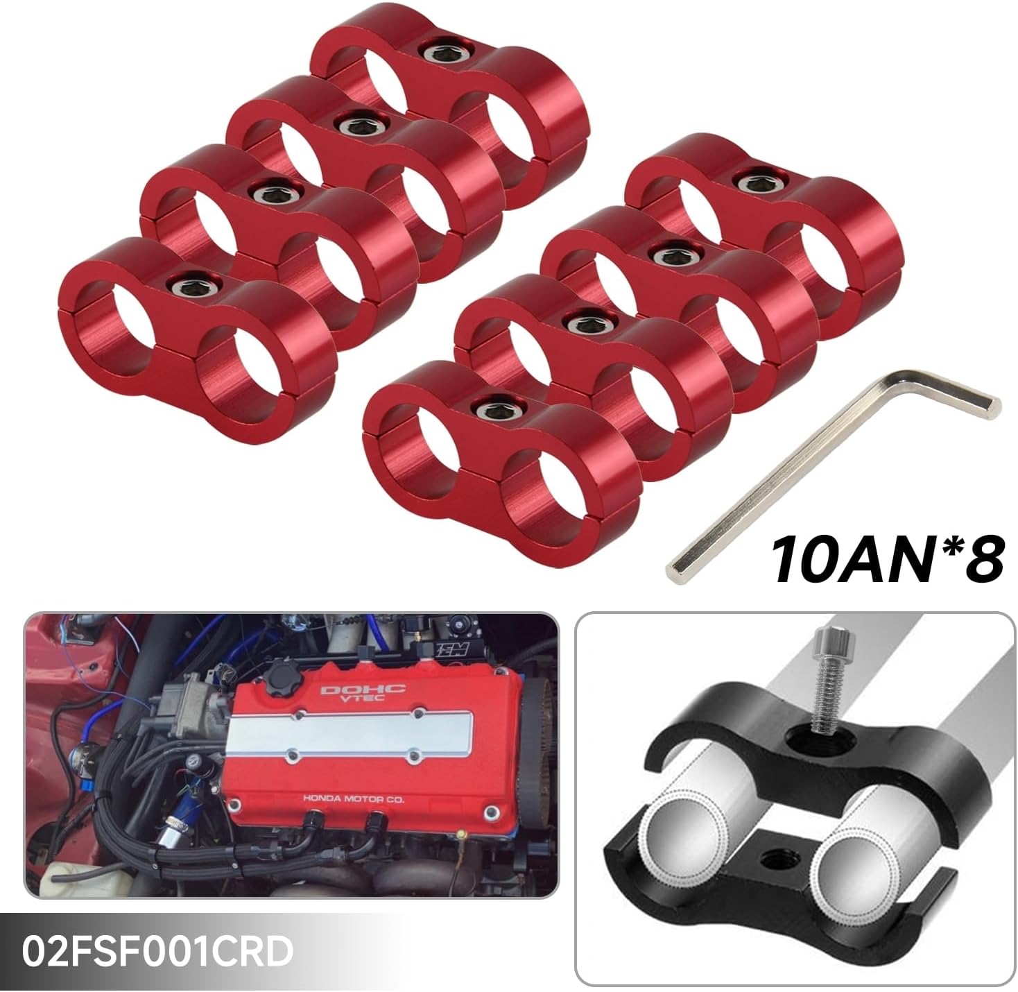10AN Hose Fuel Line Separators Clamp Separator Clamp bracket Fitting Adapter Aluminum for Brake Line, Oil Line, Fuel Line, Gas Line and Water Pipe,8Pcs Red.