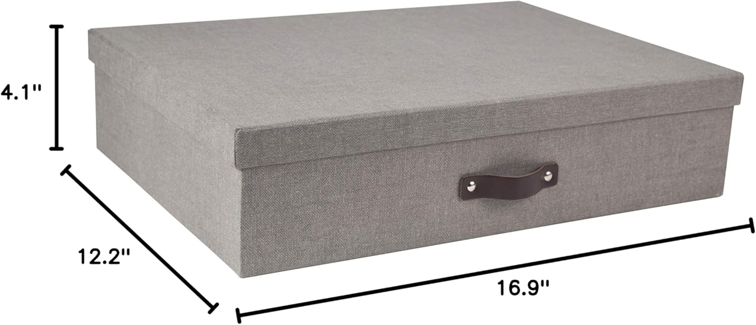 Bigso Jakob Canvas Fiberboard 12 Compartment Storage Box | Sock Organizer for Drawer with Lid and Leather Handle | Tie Storage Box for Shelves and Dresser Drawers | 17.2’’x12.2’’x4.2’’ | Grey