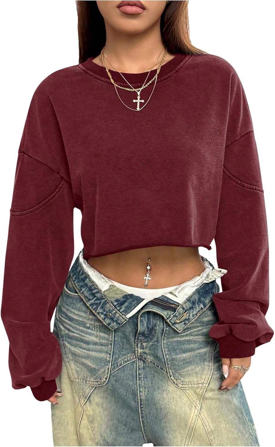 SweatyRocks Women's Y2k Oversized Sweatshirt Pullovers Long Sleeve Crew Neck Baggy Crop Tops
