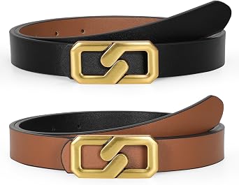 TRIWORKS Women Reversible Leather Belt for Jeans, Ladies Waist Belt with Gold Buckle 0.9" Width