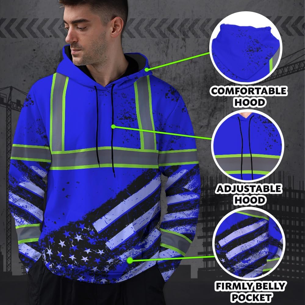 Color US Flag High Visibility Hoodie for Men Women Reflective Tapes Safety Workwear for Worker Runner Patriotic - Image 2