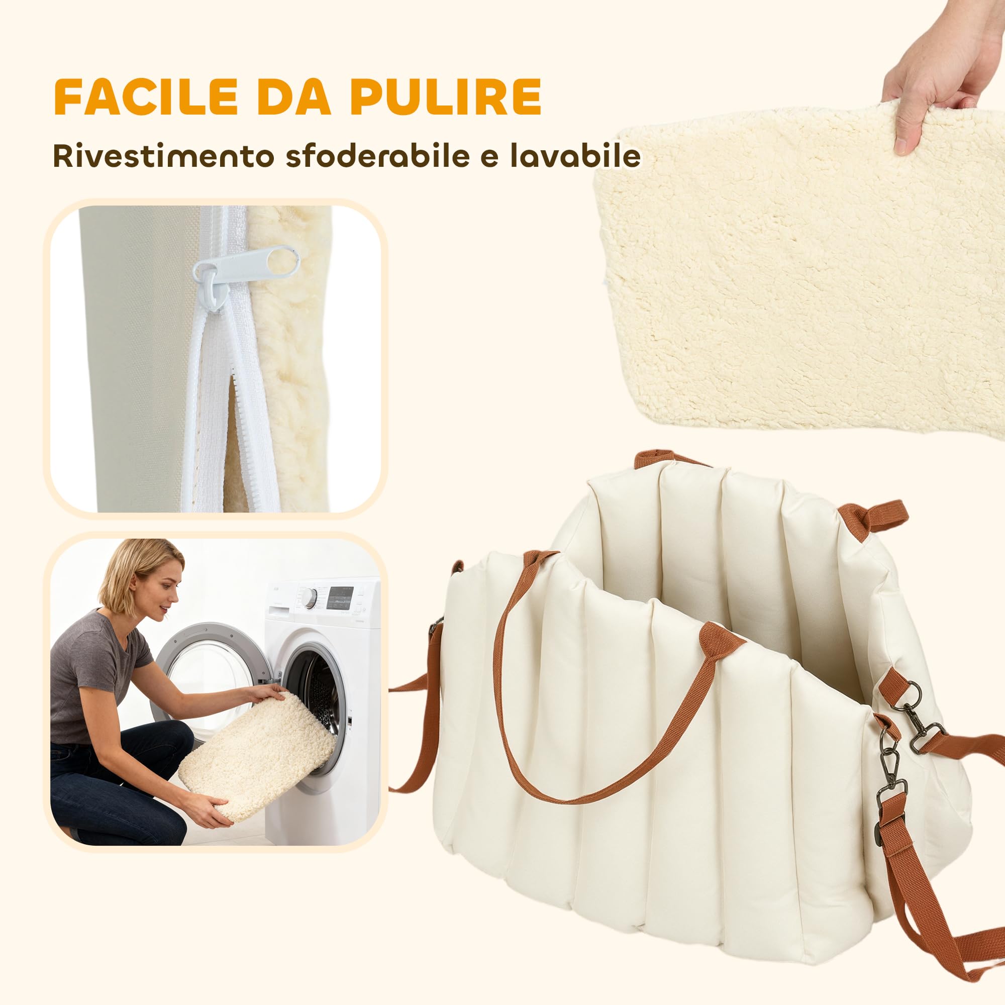 PawHut Seggiolino Auto per Cani Piccoli con Guinzaglio di Sicurezza e Base Antiscivolo, Trasportino Convertibile in Borsa per Animali Domestici, Crema