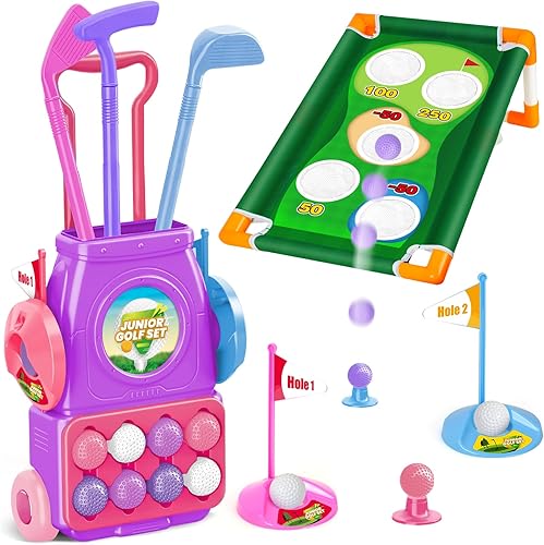 TOY Life Juego de palos de golf para niños con juego de lanzamiento de golf, palos de golf para bebés y niñas de 3 a 5 años, juego de golf para