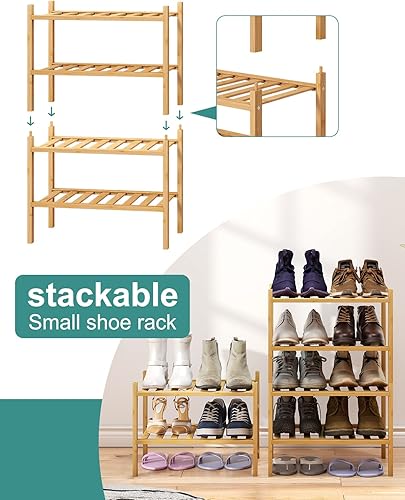 Vista 173 de Zapatero de bambú de 5 niveles para entrada, apilable plegable Natural, organizador de zapatos para armario de pasillo, zapateros de pie