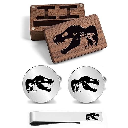 Kooer Engraved Tyrannosaurus Rex Cuff Links Tie Bar Set T-REX Cufflinks Gift for Groom Groomsman