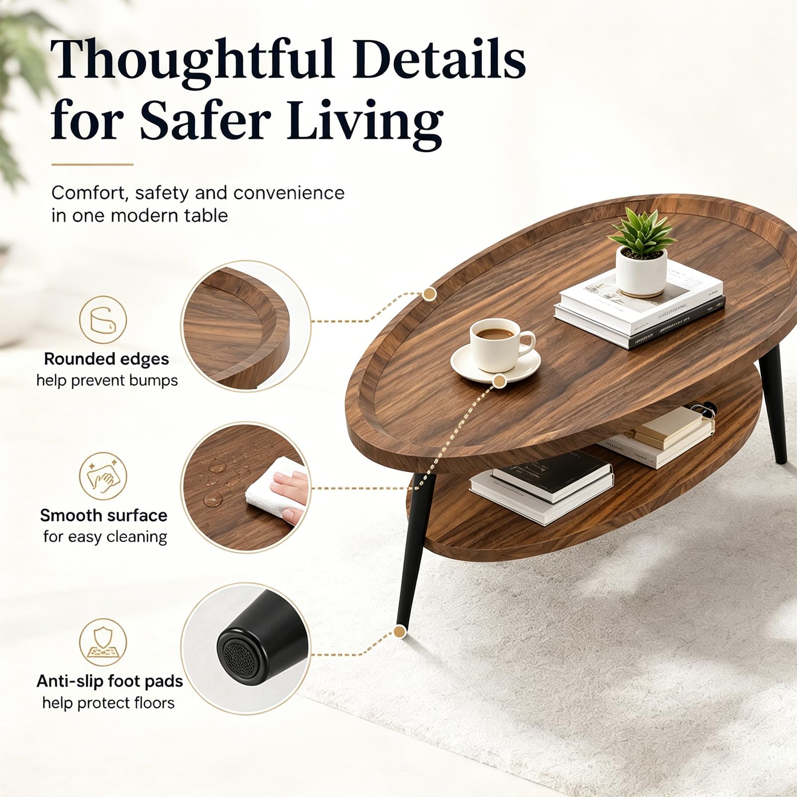 Couchtisch Oval Holz | Wohnzimmer Tisch für Couch | Wohnzimmertisch mit Stauraum | Einfacher Aufbau Industrie-Design 100x55x38 cm | Kleine Moderne Couchtische für Heim und Büro