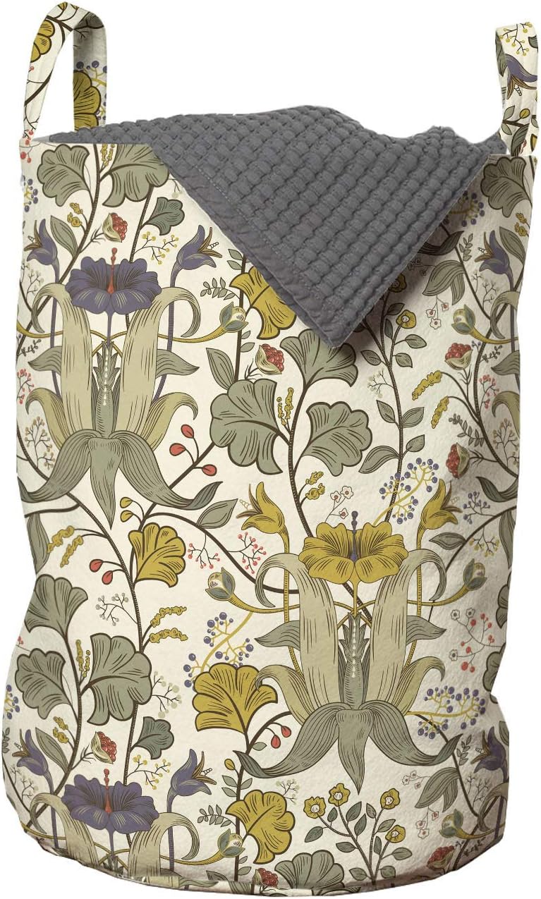Ambesonne Floral Laundry Bag, Repetitive Detailed Sketch Flowers Wild Botanic Plants Pattern, Hamper Basket with Handles Drawstring Closure for Laundromats, 13" x 19", Pale Earth Yellow Ecru
