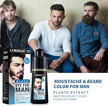 lymznus Moustache & Beard Dye for Men to Cover Grey Hair - Natural Black Color in 5 Minutes, Easy Application Facial Hair Shampoo 200ml