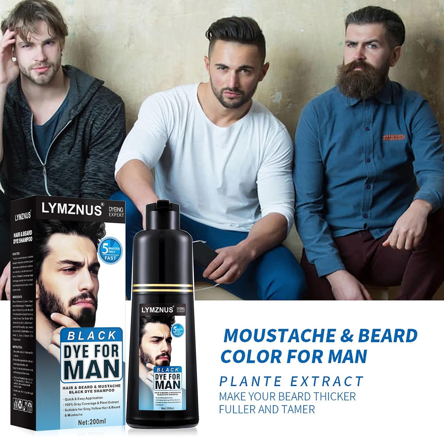 Men's Mustache & Beard Dye for Gray Hair Coverage - Natural Black Color in 5 Minutes, Easy Application Shampoo for Facial Hair 200ml