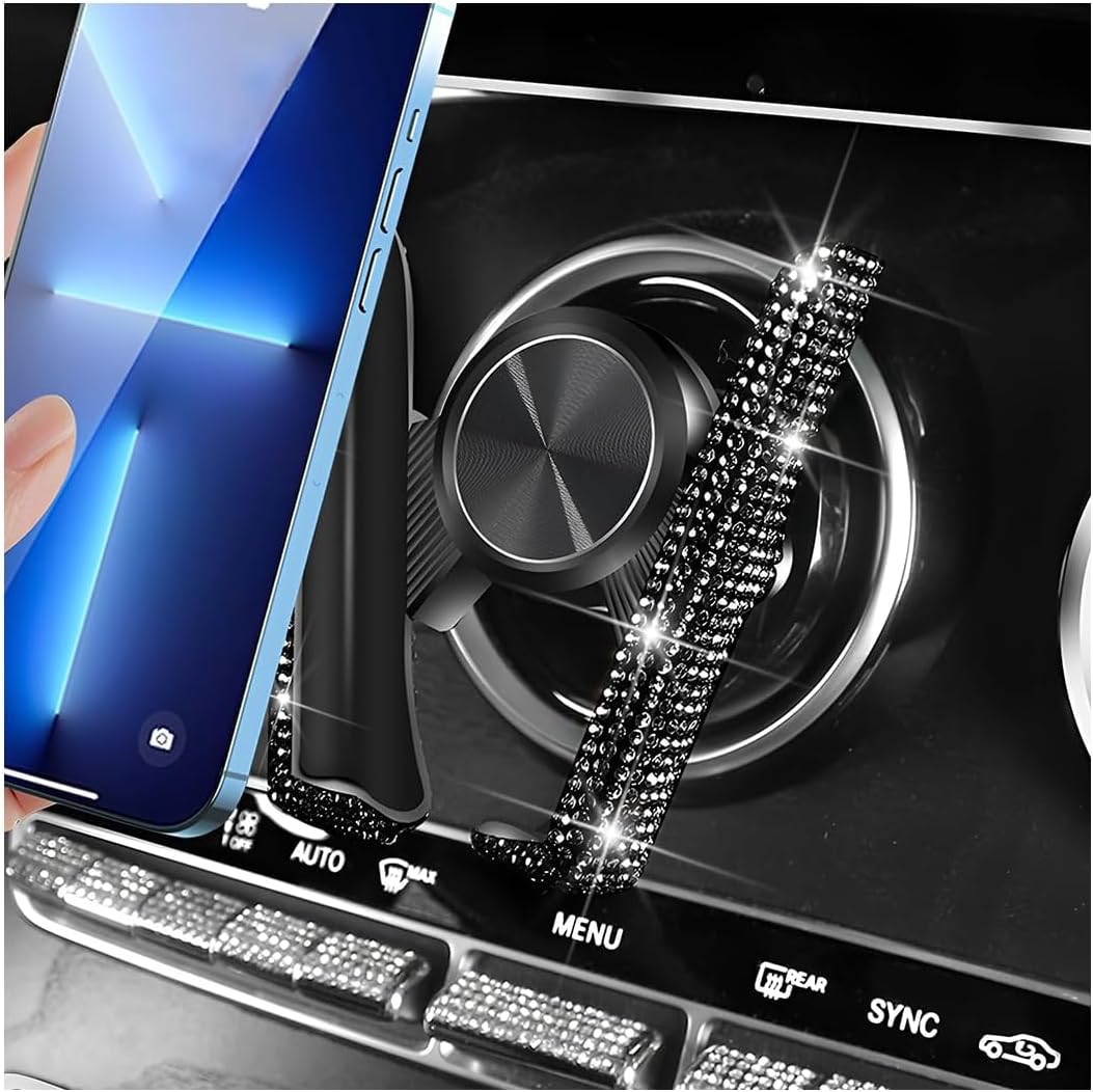 Zpana Bling Car Phone Holder, Crystal Rhinestone Mini Vehicle Dash Air Vent Cellphone Mount, 360° Adjustable Diamond Dashboard Windshield Smartphone Stand, Universal Automotive Accessories (Black)