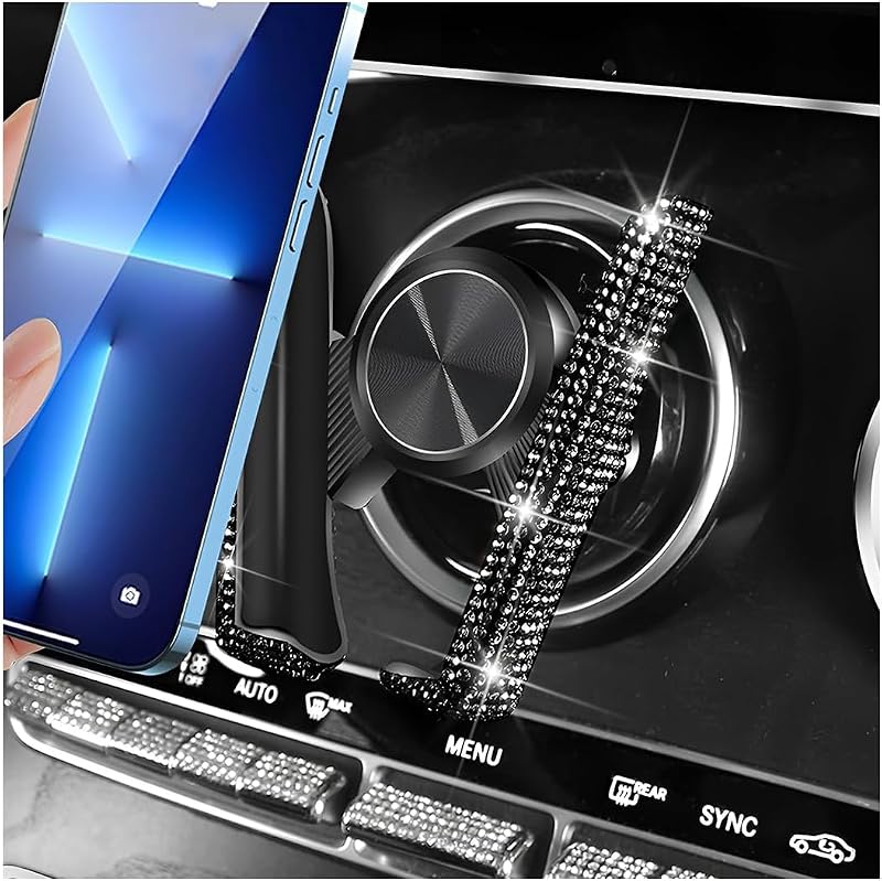 Zpana Bling Car Phone Holder, Crystal Rhinestone Mini Vehicle Dash Air Vent Cellphone Mount, 360° Adjustable Diamond Dashboard Windshield Smartphone Stand, Universal Automotive Accessories (Black)