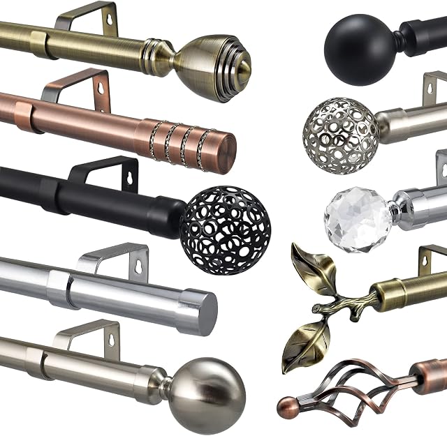 YHO Extendable Curtain Pole Silver Chrome Metal Curtain Pole Set 28mm Includes Finials, Brackets & Fittings. Brass, Copper & Black (0.7m - 1.2m Extendable, Venice Antique Copper)