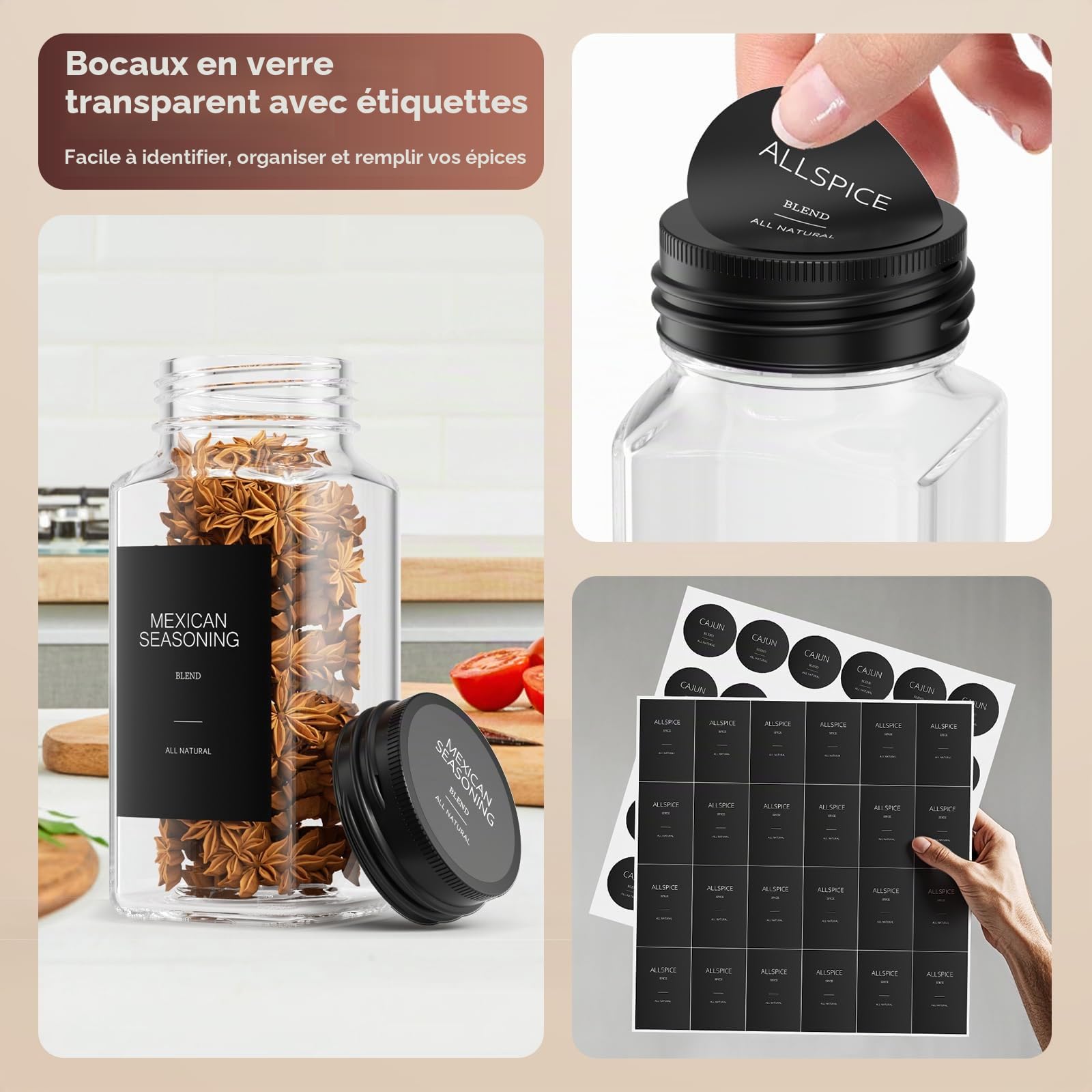 Rangement Epices Tiroir, 24 pièces A Epices De 120 Ml, Organisateur Porte Épices pour Tiroirs De 30 À 60 cm de Cuisine, Couvercle À Tamis, Étiquette, Entonnoir Et Brosse De Nettoyage, Forte Étanchéité