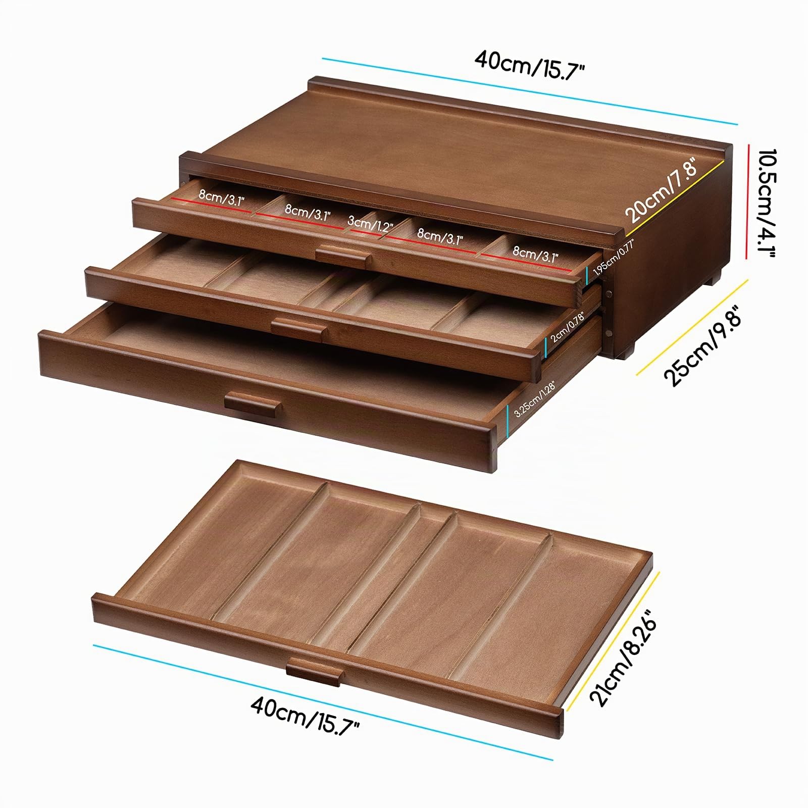 MEEDEN PRO Boîte de rangement pour fournitures d'artiste à 3 tiroirs - Boîte de rangement pour fournitures d'art en bois de hêtre massif - Organisateur portable à tiroirs pour pastels, crayons, stylos
