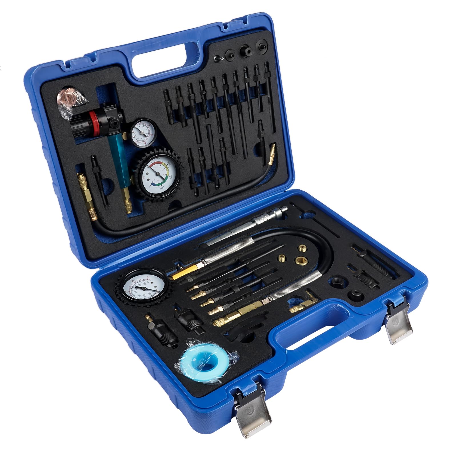 Probador de Compresión Probador de Pérdida de Presión para Motores de Gasolina y Diesel Motores de Autos y Camiones, con 34 Adaptadores Diferentes, 725 PSI - Estuche Exterior Azul