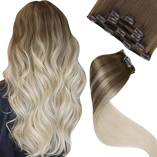 Miniatura 10 de LAAVOO - Extensiones de cabello humano con clip de 14pulgadas balayage de color negro a gris plateado ombré cabello humano lacio para mujeres