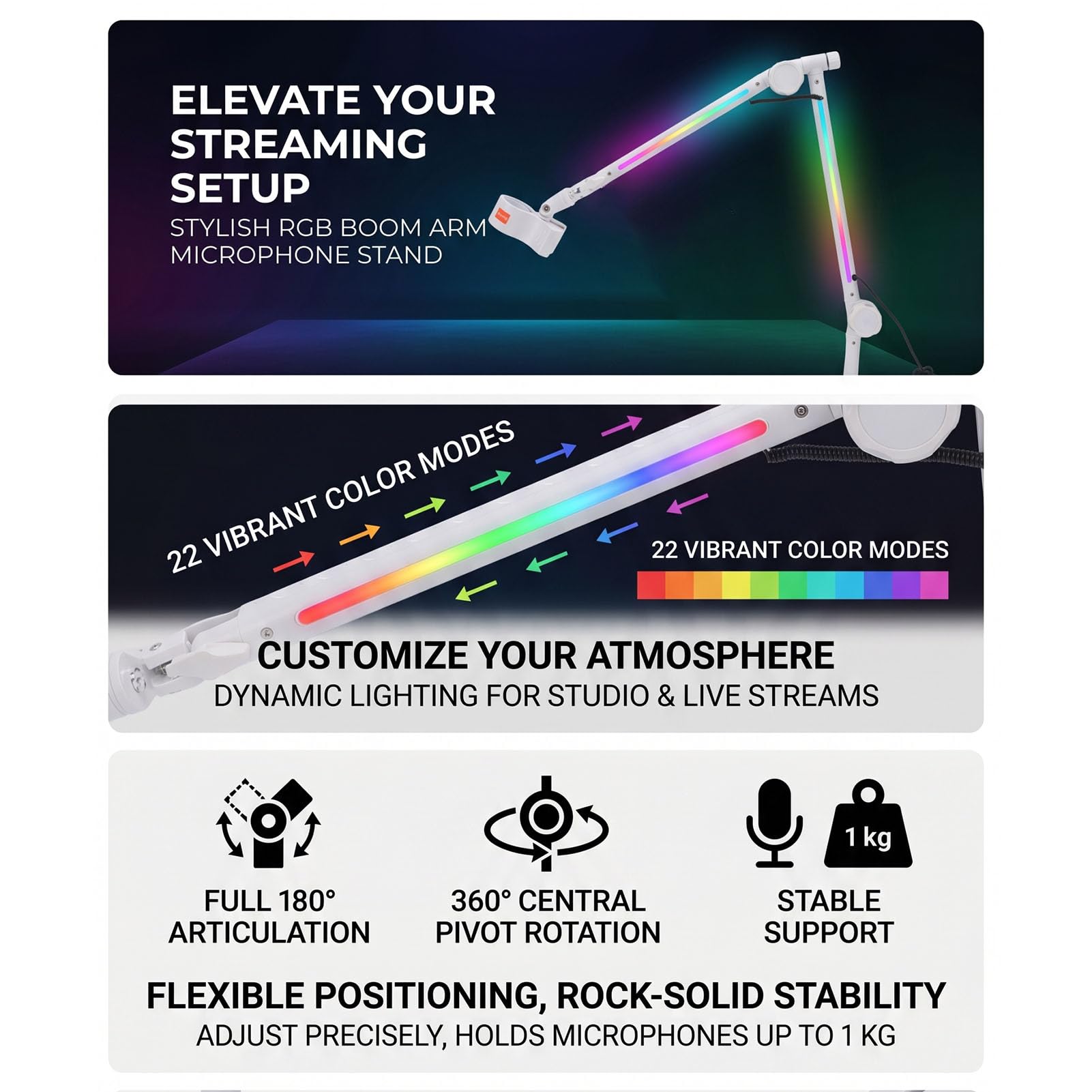 Jectse Soporte de Micrófono con Brazo Articulado RGB con 22 Modos de Color Rotación de Pivote de 360° Ajustable de 180° con Adaptador de 3/8 a 5/8 para Transmisión de Grabación de Estudio