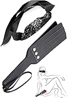 AJAXO 9.5" Black Faux Leather Adult Paddle & Soft Satin Lace Eye Mask for Women - Elegant Sensory Set