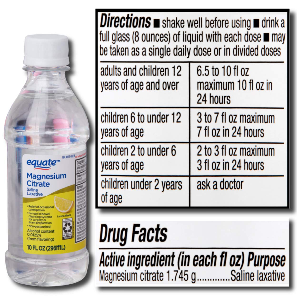 Equate Magnesium Citrate Liquid Laxative Oral Saline Solution Lemon Flavor 10 oz. + No